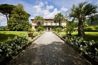 Villa padronale della Tenuta di Valgiano, con viale in ghiaia bordato di fiori bianchi, palme e giardini.