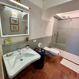 Bagno della dependance con lavabo, specchio illuminato, doccia con parete in vetro e pavimento in cotto