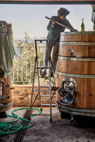 Una persona su una scala lavora l’uva con un attrezzo in legno dentro un grande tino della Tenuta di Valgiano.