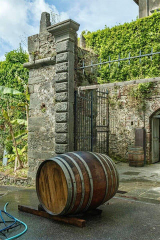Botte in legno nel cortile della Tenuta di Valgiano, davanti a un cancello e a un muro in pietra ricoperto di edera.